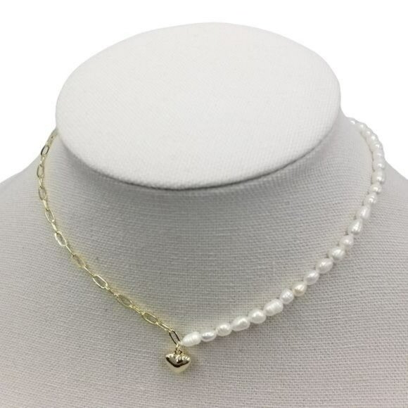 Gold Plated Cultured Baroque Pearl Chain‎ Link Heart Pendant Choker Necklace - Picture 1 of 10